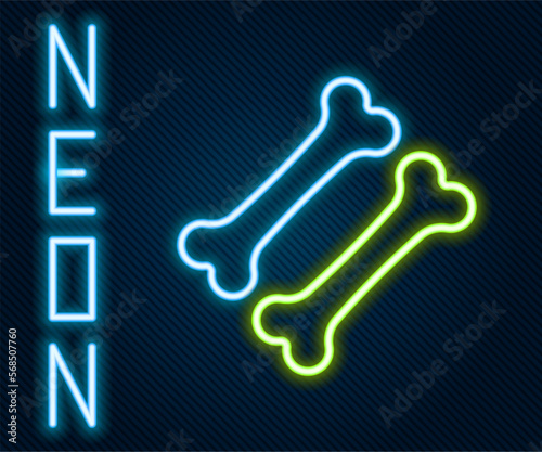 Glowing neon line Dog bone icon isolated on black background. Pets food symbol. Colorful outline concept. Vector