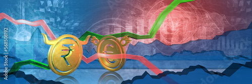 bullish inr stopped by bearish eur. foreign exchange market 3d illustration of indian rupee to european euro. currency represented  as golden coins