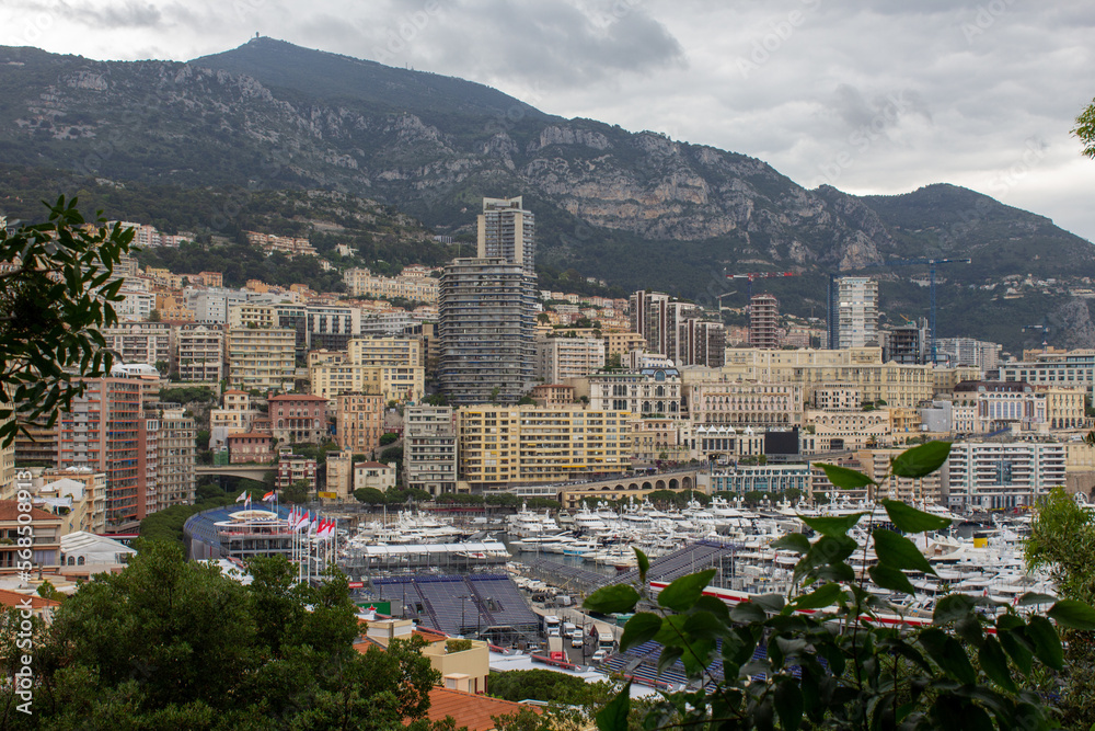 The monaco skyline in front of a the mountains.