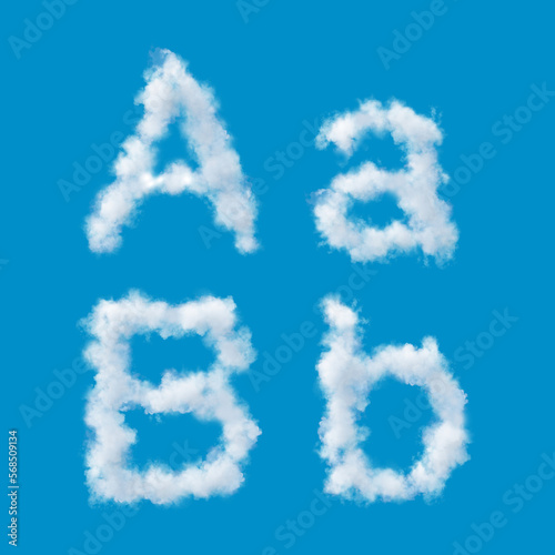white alphabet made of clouds on a blue sky, upperscale and lowercase letters, 3d render, 