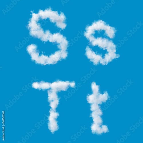 white alphabet made of clouds on a blue sky, upperscale and lowercase letters, 3d render, 