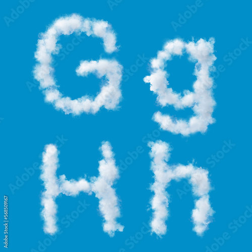 white alphabet made of clouds on a blue sky, upperscale and lowercase letters, 3d render, 