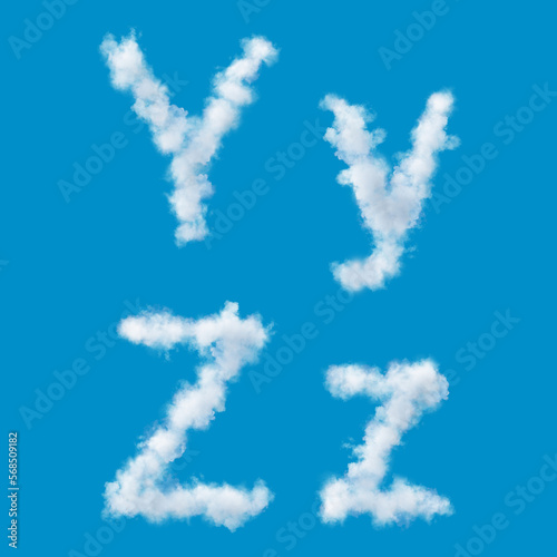 white alphabet made of clouds on a blue sky, upperscale and lowercase letters, 3d render, 