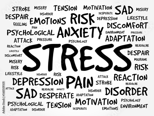 Stress - any type of change that causes physical, emotional or psychological strain, word cloud concept background