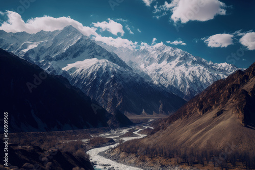 Himalayan mountain range with snow near the town of Chitkul in Kinnaur, India. Generative AI © AkuAku
