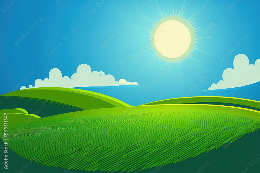 Green field,blue sky and sun. Generative AI