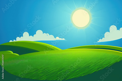 Green field blue sky and sun. Generative AI