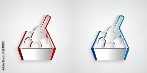 Paper cut Cat litter tray with shovel icon isolated on grey background. Sandbox cat with shovel. Paper art style. Vector