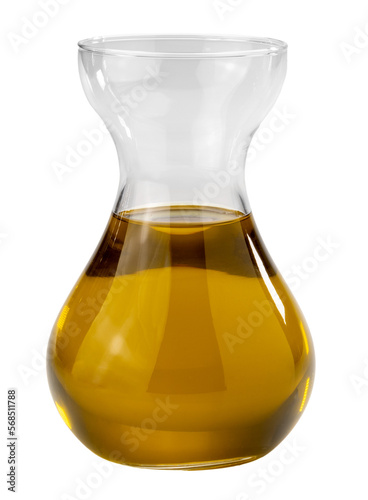 Extra virgin olive oil in decanter glass bottle cut out