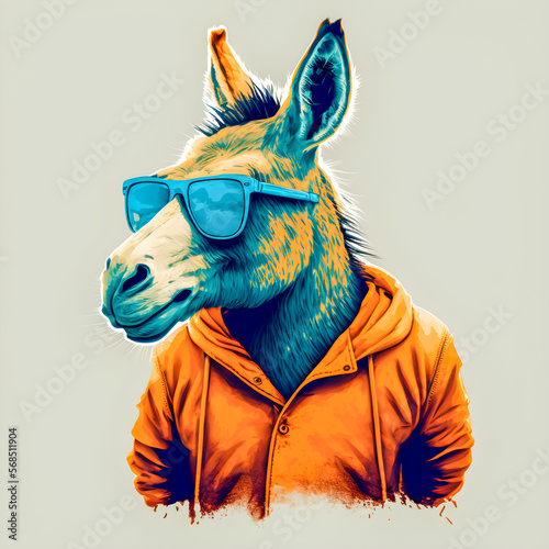 Funny Hipster Cute Donkey Art Illustration  Anthropomorphic Animals Generative AI 