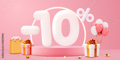 10 percent Off. Discount creative composition. Sale symbol with decorative objects, balloons, golden confetti, podium and gift box. Sale banner and poster.