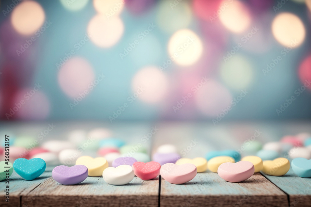 Valentines day themes background with empty pastel color wooden table for product display, copy space, hearts, and bokeh lights in the wood background. Generative Ai