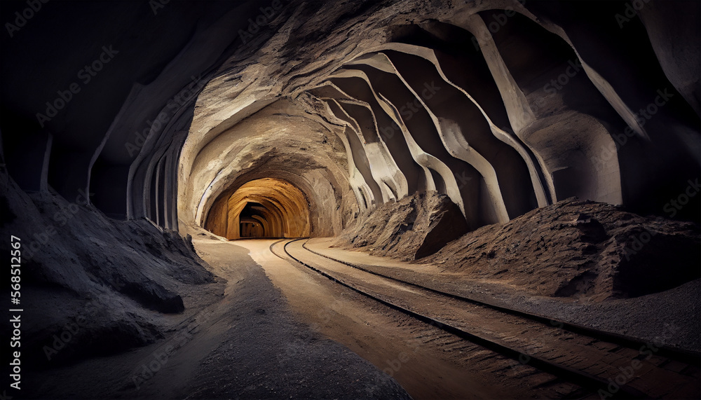 A coal mine underground ore tunnel with rails, mining industry. Generative Ai. - obrazy, fototapety, plakaty 