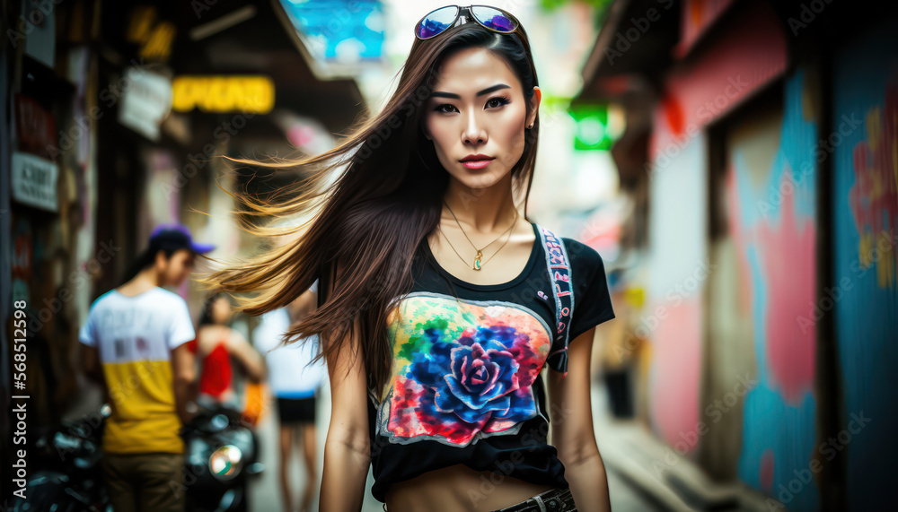 A fictional person. Young asian local woman with fierce expression at street. Generative AI