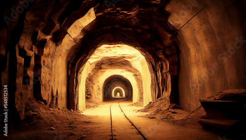 A coal mine underground ore tunnel with rails, mining industry. Generative Ai.