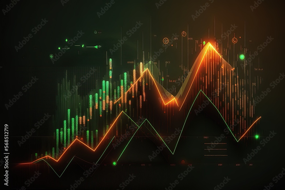 3d illustration of yellow green graph over dark background with arrow pointing up 3d illustration of yellow green graph over dark background with arrow pointing up