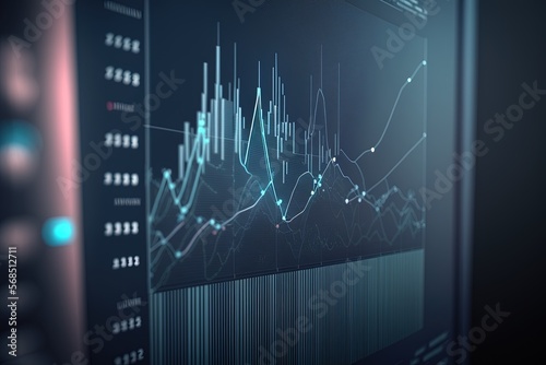 Purple analysis Digital analytics data visualization, financial schedule, monitor screen in perspective