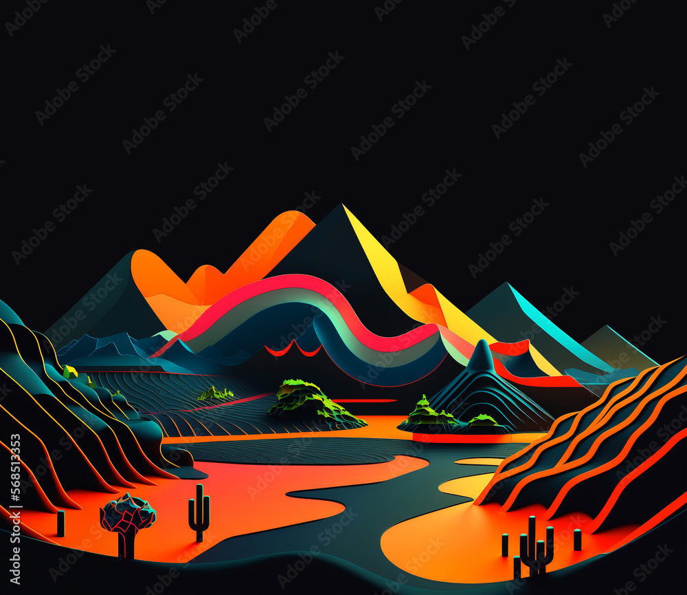 Metaverse landscape with mountains. Virtual reality liquid forms vibrance colors scenery