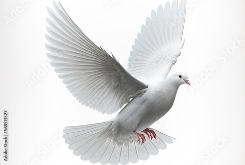 Fliegende weiße Taube auf weißem Hintergrund, Generative AI 