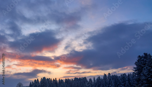 winterly sunset in the Mountains of the Bregenz forest near Sulzberg, Austria