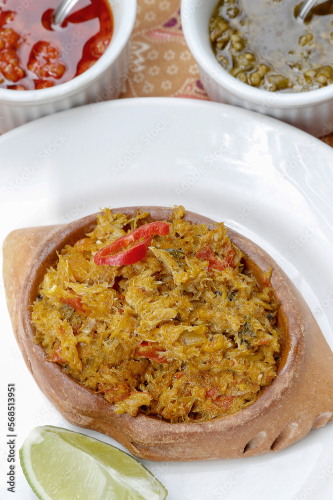 Brazilian food: crab cone or casquinha de siri in portuguese, on white dish