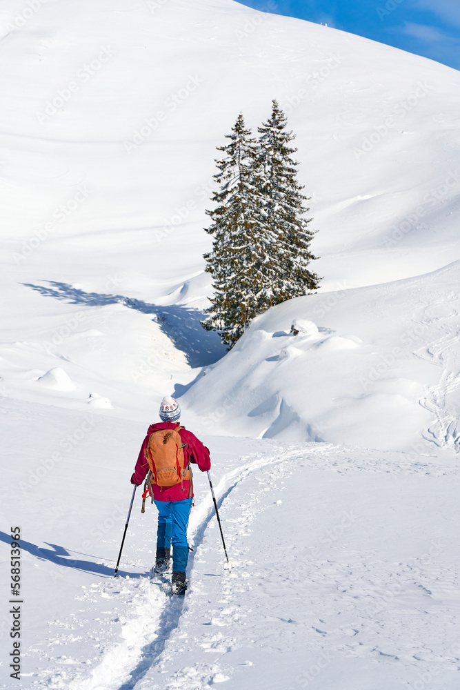 nice and active senior woman snowshoeing in deep powder snow in themountains of the Allgau alps near Balderschwang, Bavaria, Germany
