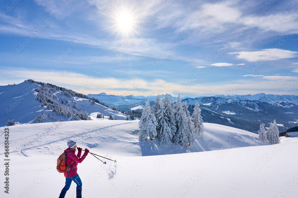 nice and active senior woman snowshoeing in deep powder snow in themountains of the Allgau alps near Balderschwang, Bavaria, Germany
