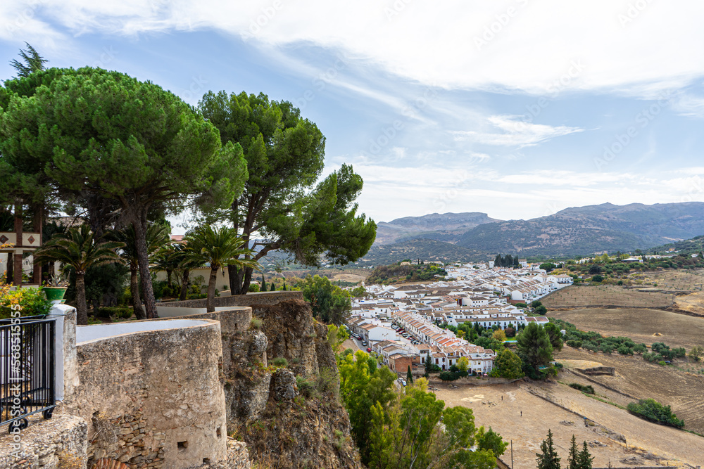 Panoramic view on surrounding mountains from Gate of Carlos V (Puerta de Carlos V) in Ronda, Spain on October 23, 2022