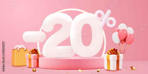 20 percent Off. Discount creative composition. Sale symbol with decorative objects, balloons and gift box. Sale banner and poster.