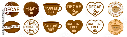 Set of caffeine free stamps. Caffeine free mug-shaped logo. Stamp or icon. Brown label. Healthy drinks. Beverage. Herbal tea. Cup. Decaf heart-shaped logo.