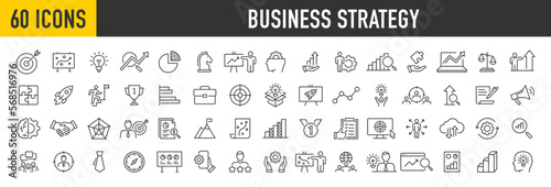 Set of 60 Business Strategy web icons in line style. Srtategy, startup, teamwork, people, plan, payment, management, target, employee, infographic. Icon collection. Vector illustration.
