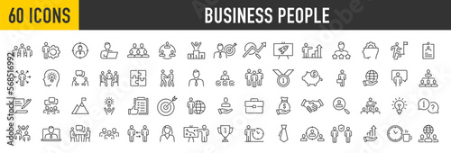 Set of 100 Business People icons in line style. Team, business people, human resources, collaboration, research, meeting, partnership, support, businessman. Collection. Vector illustration.