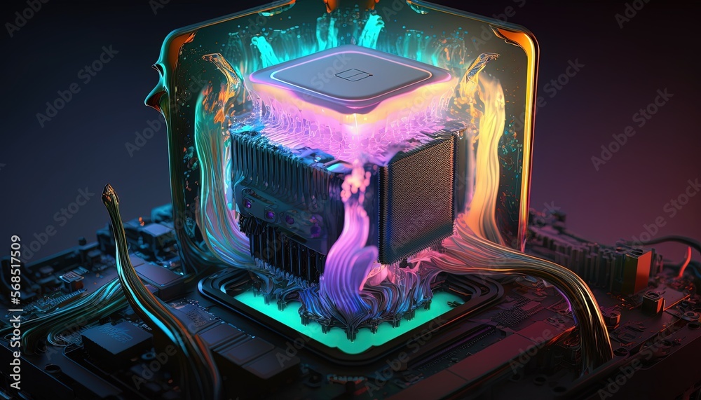 Glowing liquid cooled futuristic hyper fast computer cpu. Generative AI ...