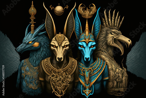 Ancient Egyptian deities in a dark gothic, biomechanical style, including Anubis, who appears as two enormous wolf skulls and ribs with a crown on top, and RA, who appears as a bird in the smoke at th