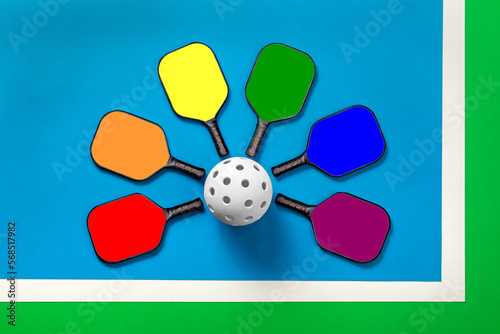 Pickleball Paddles in color.  Red, Orange, Yellow, Green, Blue and Purple Pickleball Paddles surounding a White Pickleball on a Blue and Green court background. photo