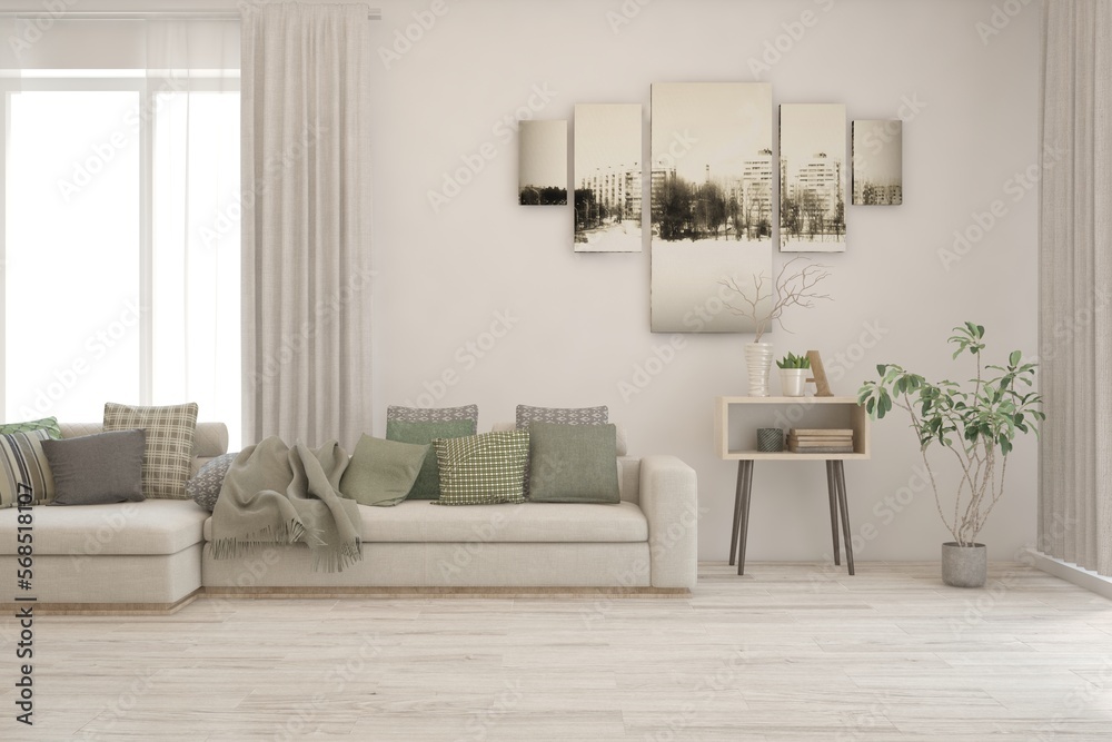 Naklejka premium White living room with sofa. Scandinavian interior design. 3D illustration