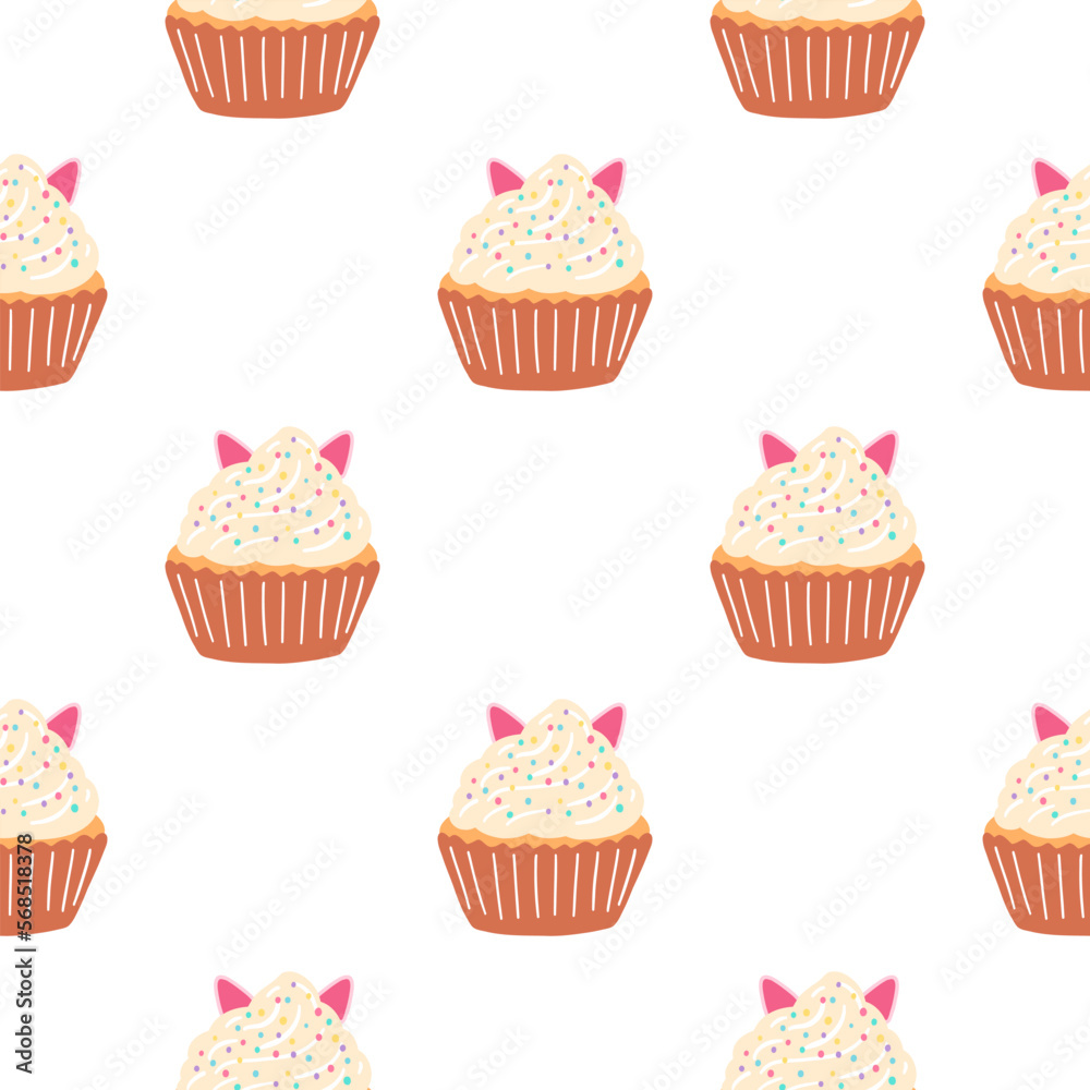 Seamless pattern with delicious cupcake in cartoon style. Vector background with sweets, dessert, pastries