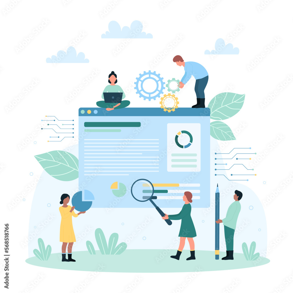 Data research and financial analytics vector illustration. Cartoon tiny people study document with magnifying glass, magnify stock market report, charts and graphs in file with loupe for analyzing