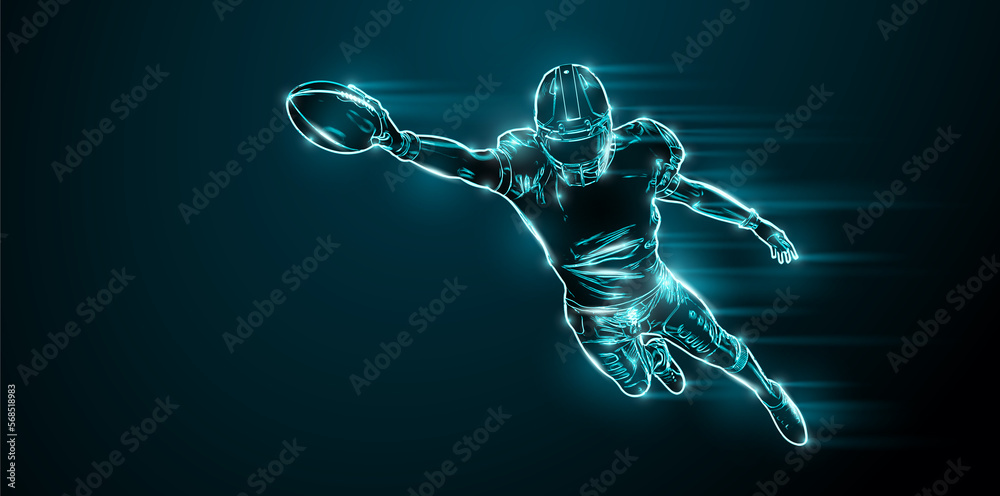 Abstract silhouette of a NFL american football player man in action isolated black background.