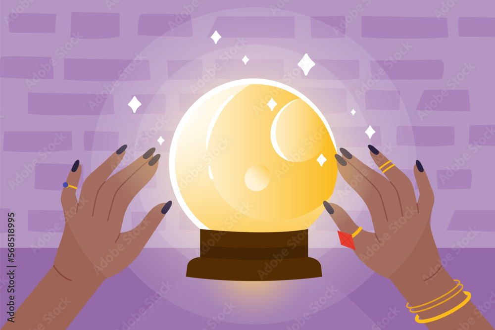 Cartoon witch telling future, female magician sitting in front of magic