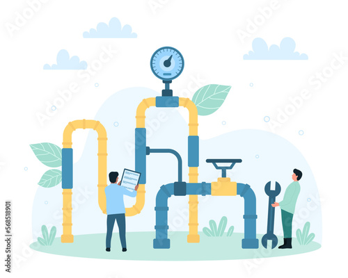 Gas and oil pipeline inspection, maintenance service vector illustration. Cartoon tiny people check pipes and valves safety, workers control natural gas transportation flow with repair equipment