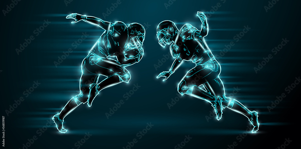 Abstract silhouette of a NFL american football player man in action isolated black background.