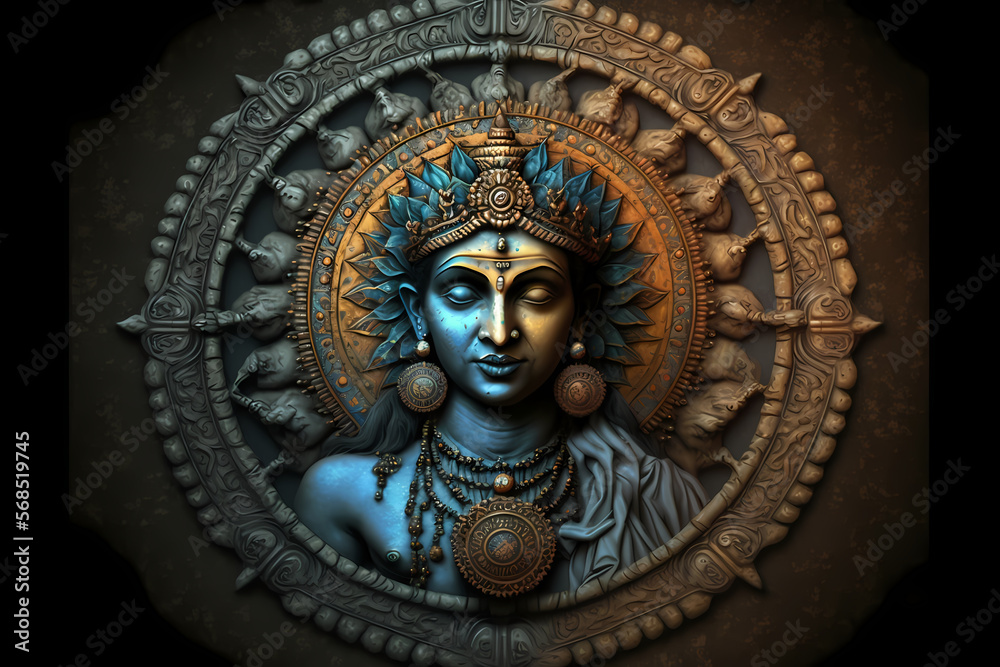 Krishna statue illustration in background of a mandala