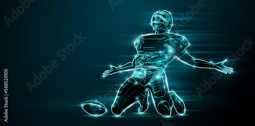 Abstract silhouette of a NFL american football player man in action isolated black background. © Yevheniia