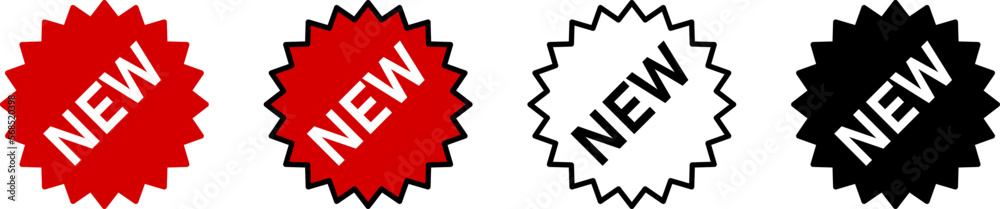 Basic Icon Set of New Product or New Feature Red, Black and White Sticker or Adhesive Badge Symbol Sign Collection. Vector Image. Basic Icon Set of New Product or New Feature Red, Black and White Sticker or Adhesive Badge Symbol Sign Collection. Vector Image.