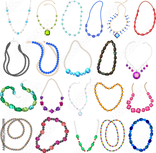 Jewelry for neck. Woman lace with gemstones luxury necklace collection recent vector templates set isolated