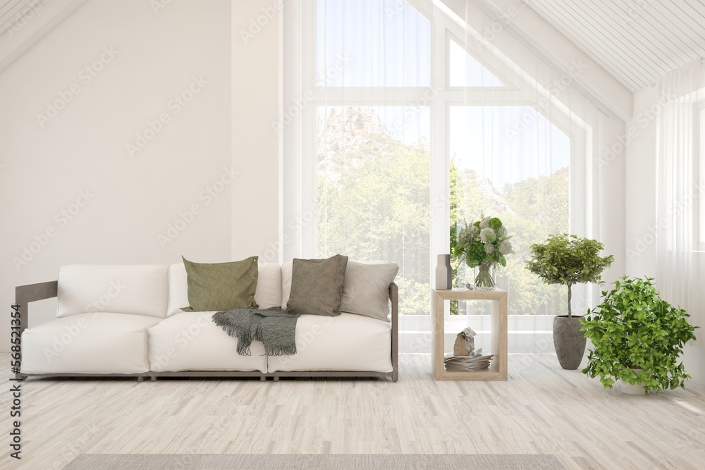 Fototapeta premium White living room with sofa. Scandinavian interior design. 3D illustration