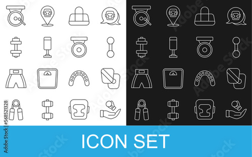 Set line Boxing glove, training paws, Dumbbell, Sport bag, Punching, gong and icon. Vector