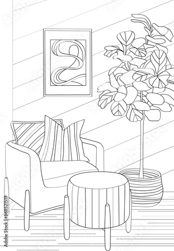 Design interior room. Vector illustration coloring antistress for adult in outline style.