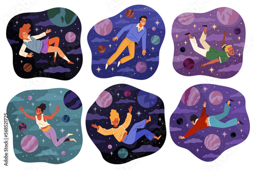 Floating space people. Mystic cosmo flight, guys and girls among planets and stars, imagination explorers, gravity absence, inspiration illustration. Cartoon flat elements, tidy vector concept set